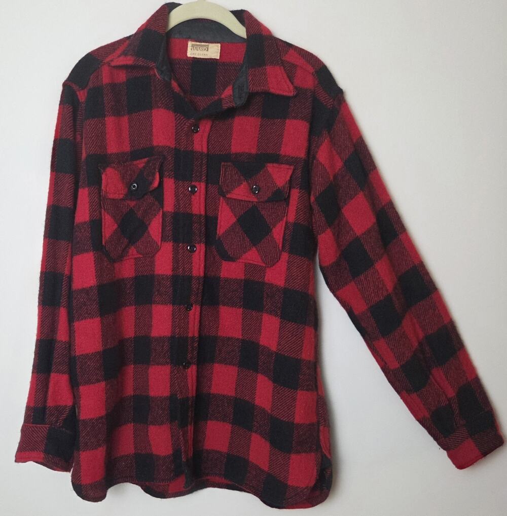 Vtg Montgomery Ward Wool Black & Red Buffalo Plaid Shirt Mens Mens Sz L Gorpcore